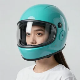 Portrait of an editorial model with cyan aqua cassette mask helmet reflective light standing in a bright jungle detailed ultra close up photo 105mm f2.8