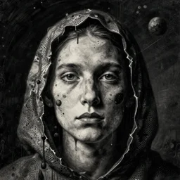 face made out of planet, faceless people dark, dots, drip, stipple, pointillism, technical, abstract, minimal, style of francis bacon, asymmetry, pulled apart, cloak, hooded figure