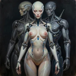 ultra realist intricate detailed painting of a single attractive alien female, cyborg male, full body, curvy, cyborg tech, symmetry accurate features, very intricate details, focus, 8k render, artstyle Hiraku Tanaka and Tom Bagshaw, award winning