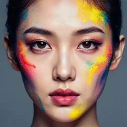fashion portrait, studio lightning, beautiful face and eyes, rule of thirds, face symmetry, colourful spray paint splatters, expressive, fine art, by greg rutkowski, by jeremy mann, by francoise nielly, 4 k, 8 k, correct body proportion, vivid cinematic style