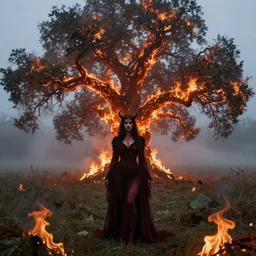 demonic lilith standing in an open field aflame with a burning oak tree and fog