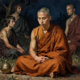 daily life of a monk, extreme fine detail background, night, highly detailed, high quality, digital painting, hyperrealistic, by gaston bussiere, j. c. leyendecker, craig mullins