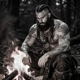 black and white concept art of a tall muscular man, with a full black beard, sitting at a campfire with red and orange flames, in the forest at night, barbarian with white and gray skin, very short hair on sides of head, long braided hair on top of head, tribal tattoos on back, grog, upper body portrait, style by donato giancola, wayne reynolds, jeff easley dramatic light, high detail, cinematic lighting, artstation, dungeons and dragons