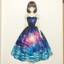 a tamura yoshiyasu style drawing of a girl wearing a beautiful dress that has a galaxy and water design, 8 k, highly detailed,