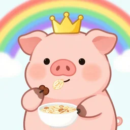 cute happy pig wearing a tiara while eating oats under a rainbow