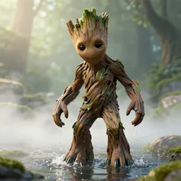 photorealistic wide shot of groot watering his feet, octane render, unreal engine 4k, volumetric light, fog, detailed