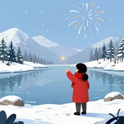 A lake between mountains, winter, snow is falling, women in red watches firework, cartoon, 2D