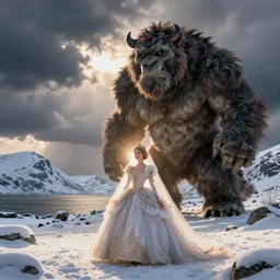 a princess, big monster, snowy fjord, storm clouds, dramatic lighting, hudson river school, afternoon