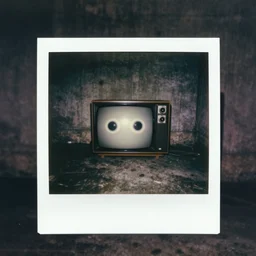 small dark concrete room with a tv on the ground, the tv has a pair of eyes on a dark background, creepy, eerie, old polaroid, expired film,