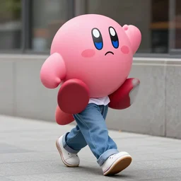 humanoid kirby walking on the sidewalk dressed in casual clothes, portra 800