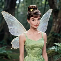 found photograph of audrey hepburn as a fairy with wings standing in the forest, inspired by tinkerbell, classic beauty, flowers in hair, angelic