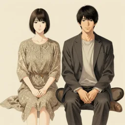 concept art, pretty woman and man sitting, biege background, concept art, junichi higashi, isamu imakake, intricate, balance, ultra detailed, full far frontal portrait, artgem
