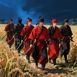illustration cinematic seven ronins armed with katanas walking through field of rice, medieval japan, red and black colors, highly detailed digital art masterpiece, smooth vitaly bulgarov eric zener dramatic blue light, ground angle uhd 8 k, sharp focus