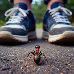 close - up photo of an ant from bottom on the ground looking up, high field of view, sneakers of a giant approaching, digital art, deep colors