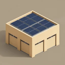 Isometric square building with three large garage doors, color is tan, solar panels on roof,