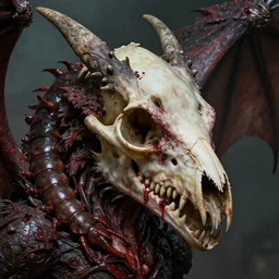 a highly detailed 4 k fantasy matte painting of dragon with bird skull. bloody. portrait. closeup. demonic centipede in the style of gustave dore and michael whelan. hyperdetailed photorealism by greg rutkowski, 1 0 8 megapixels, cinematic lighting. zdzislaw beksinski, artstation, cgsociety, unreal engine