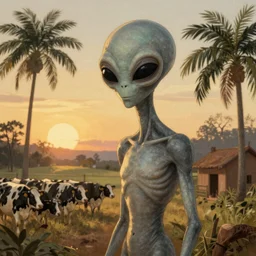 Grey Alien, golden hour, next to a dairy farm, palm trees, artstation, by J. C. Leyendecker and Peter Paul Rubens, - 12p