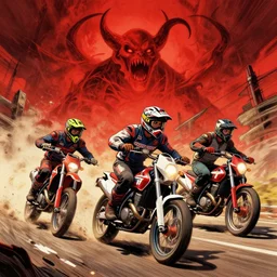 motorbikers race in hell, art by chris foss, john harris, beeple, wayne barlowe