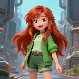 beautiful cute red haired joyful and playful eighteen year old young girl standing up, casual green clothing, long hair, cyberpunk city, cute face, rpg character, sci - fi, fantasy, intricate, elegant, digital painting, artstation, concept art, smooth, 8 k frostbite 3 engine, ultra detailed, art by artgerm and greg rutkowski and magali villeneuve