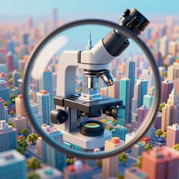 an electron microscope image of a sprawling mega city, bokeh, 3D render, magnified, vibrant colors, 4k HD