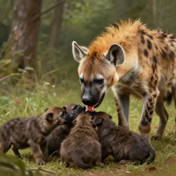 photo of a hyena with a woman's head feeds puppies in the forest, highly detailed, digital painting, artstation, smooth, sharp focus, illustration, art by artgerm and greg rutkowski and alphonse mucha
