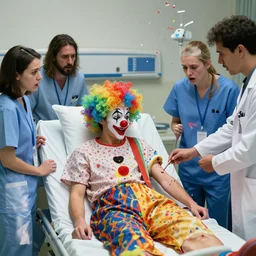 a clown on a hospital bed wearing a rainbow colored wig surrounded by terrified doctors and nurses watching how he sprouts a stream of colorful confetti after being punctured in the arm