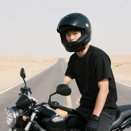 portrait photo of young man posing with a black modular helmet and a motorcycle on a desert road, wearing a black modular helmet, silhouette of mountains in background, sunset, golden hour, cinematic, octane, 4 k, 8 k, art gallery masterpiece by louis klemantaski and james moy