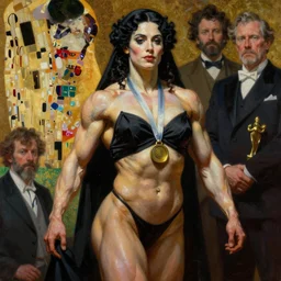 highly detailed oil painting of beautiful muscular female bodybuilder morticia adams as adepta sororita, very intricate, cinematic lighting, award - winning, the good spirit of god, by roberto ferri, by tom bagshaw, by j. c. leyendecker and klimt, beautiful cinematic light, american romanticism, by austin osman spare, artstation, cgsociety,