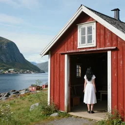 simon stalenhag. composition : long shot. style : digital art ; concept ; mysterious ; 4 k. scenery : a sunny fjord with a lone gabled roof red barn. subject : a young woman with long black hair wearing a white dress. action : the woman is inside the barn.