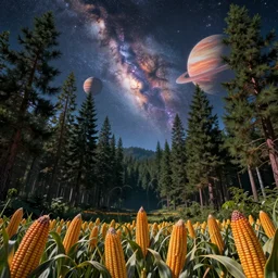 psychedelic, trippy, corn, pine forest, planets, milky way, cartoon by rob gonsalves