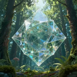 flying geometric glass fractal in forest, beautiful graphics, fantasy artwork, very beautiful scenery, hd, hdr, ue 5, ue 6, unreal engine 5, cinematic 4 k wallpaper, 8 k, ultra detailed, by popular digital, details, beautiful image ever created, high resolution, artstation, award winning