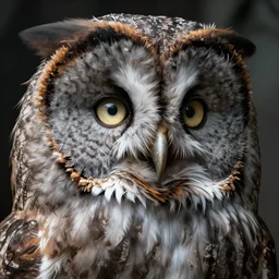 gothic art closeup face of a great grey owl with one eye by h. r. giger