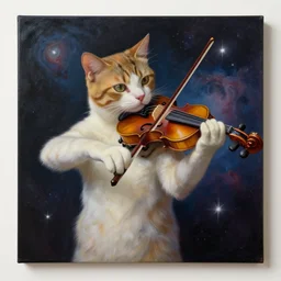 painting of a cat playing violin in space, nebula, stars, high detail, style of rene magritte, 8 k, trending on artstation, unreal engine, octane render