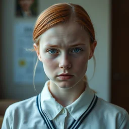 portrait of a white female adolescent with round face wearing a school uniform, 1 6 yo, annoyed look, skin pores, acne, skin condition, uneven skintone, dry skin flare up, redhead, center parting, straight hair, in the morning, ambient light, sigma 8 5 mm, nikon 5 0 mm f / 1. 8 g, by lee jeffries