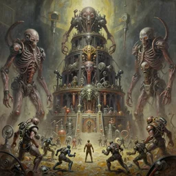 oil paint of 1 1 machines as synthed flayed gods in tiers, colossal medical gangrene machines in tiers, dethroning / we machines / melee, battle pit, by shigeru komatsuzaki, wayne d barlowe, stefano tamburini, ember light, muted colors, epic, hyper detailed, awe inspiring, award winning horror, narrative lighting, hyper realism,