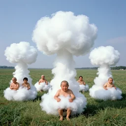 realistic scientific documentary photo of an group of midgets morphing into white fluffy clouds, field, front view 1 9 9 0, life magazine reportage photo, metropolitan museum photo