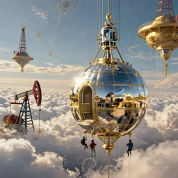 an inflated stainless steel chrome gondola in the clouds, people are hanging by steel cables. Oil rigs in the sky. Intricate technical drawing. Digital art. Mammatus clouds. Ornate, brilliant, utopian, detailed, Golden ratio, solarpunk technology by Lebbeus Woods and Craig Mullins