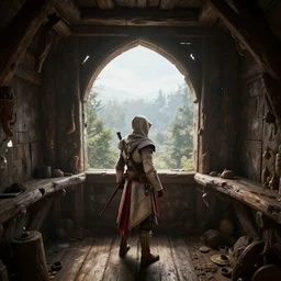 delicious view from standing inside the interior dingy wooden castle tower looking out at the forest below atmospheric unreal engine hyperreallistic render 8 k concept art masterpiece screenshot from the video game assassin's creed odyssey 2 7 0 0 k global illumination