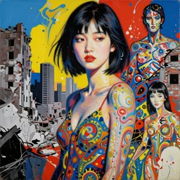 decollage painting young japanese actress struggling in a ruined city by adrian ghenie and takato yamamoto and edward hopper and mark ryden and tsutomu nihei, part by bridget riley, acrylic pour and splashing paint, very coherent, baroque elements, perfect anatomy, intricate design. pop art.