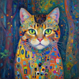 forest cat portrait an oil painting splashes with many colors and shapes by gustav klimt greg rutkowski and alphonse mucha, polycount, generative art, psychedelic, fractalism, glitch art