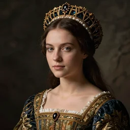 portrait of young woman in renaissance dress and renaissance headdress, art by annie leibovitz