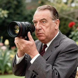 Alfred Hitchcock in the Garden, 40nm lens, shallow depth of field, split lighting, 4k,