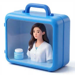 a giant blue medecine box with a woman inside, photograph