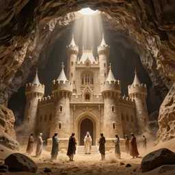The royal castle of a sacred family hidden at the bottom of a large sand cavern. A ray of light shines on the castle from above. Concept art, trending on artstation, matte painting, detailed, ultra high quality