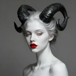 ''girl with white skin and large black horns, red lips diffuse lighting, fantasy, intricate, elegant, highly detailed, lifelike, photorealistic, digital painting, artstation, illustration, concept art, smooth, sensual, sharp focus, naturalism, trending on byron's - muse, by greg rutkowski and greg staples and alphonse mucha