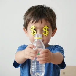 a 1 0 year old boy with dollar signs in his eyes proudly holding a plastic bottle towards the camera