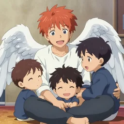 [smiling angel man with red hair, blue eyes, makoto shinkai, thomas kinkade, james gilleard, very comfy]