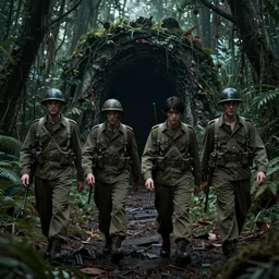 four wwii american soldiers walking stand before a dark portal to hell in the middle of an eerie dark jungle, highly detailed, creepy cinematic light deep focus, horror, smooth, sharp focus, golden ratio, dramatic illumination, ultra realistic, 4 k, detailed line art by katsuhiro otomo and enki bilal