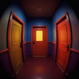 dimly lit, theater access corridor background, 3 doors, day of the tentacle style, fish eye, ambient occlusion, octane renderer, 8k, color, vibrant