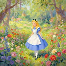 a landscape full of flowers and colors in the style of alice in wonderland, by thomas kinkade, trending on artstation, hdr